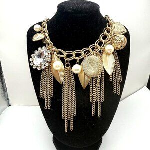 Bijoux Terner Gold Tone Charm Necklace Chunky Statement Fringe Pearl Rhinestone